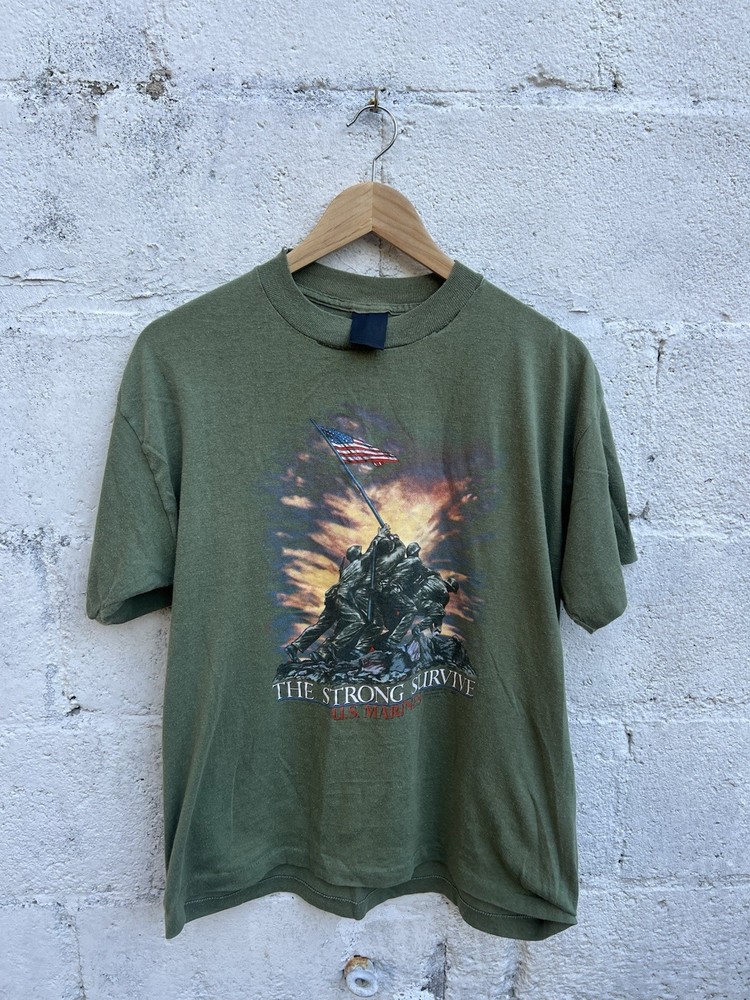 Vtg 1987 3D Emblem Harley Davidson The Strong Survive WW II olive tee