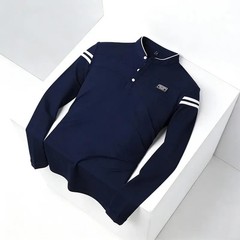 Men Stand Collar Long Sleeve Polo Shirt Stripe Accent Soft Breathable For Busine