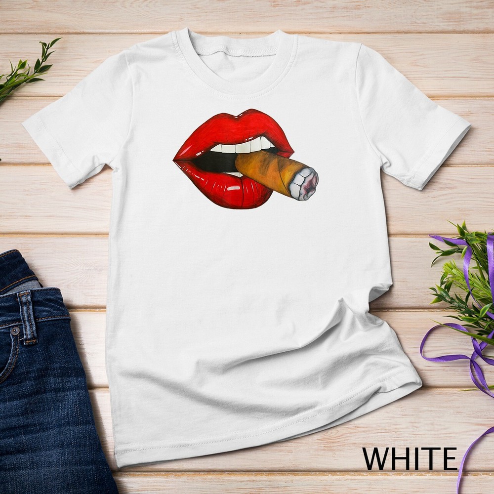 Sexy Women Smoke Cuban Cigar Lit Red Lips Smoking Cigar T-Shirt Unisex T-shirt