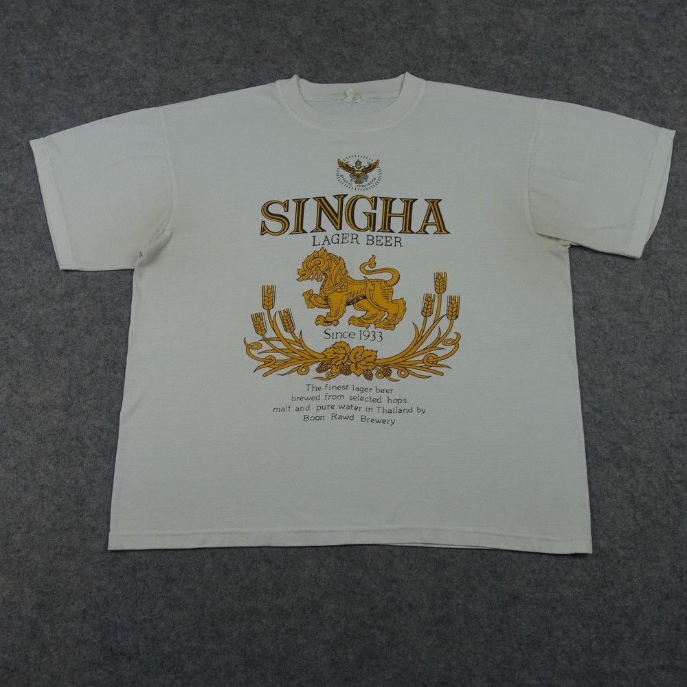 VINTAGE Singha Lager Beer Shirt Mens XL White Thailand Beer Brewery Graphic Tee