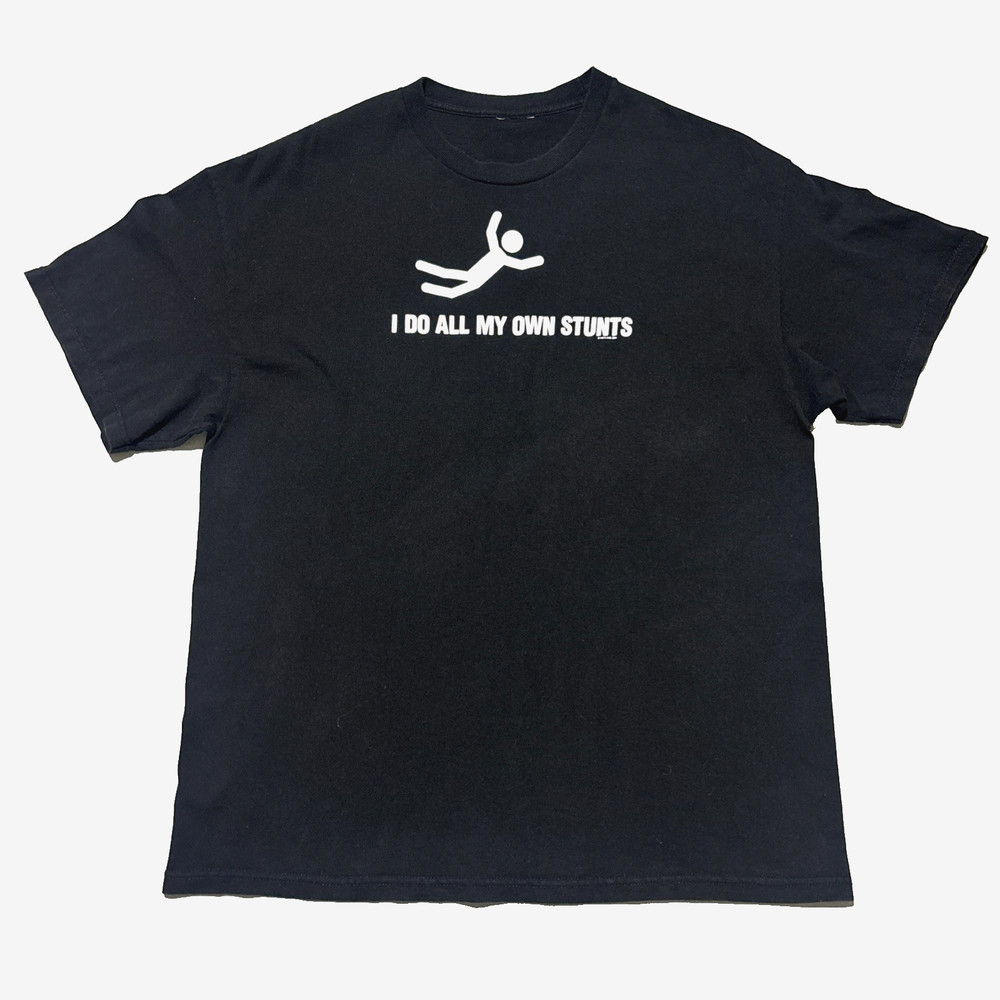 Vintage Y2K All My Own Stunts Black XL Funny Word Graphic T-Shirt