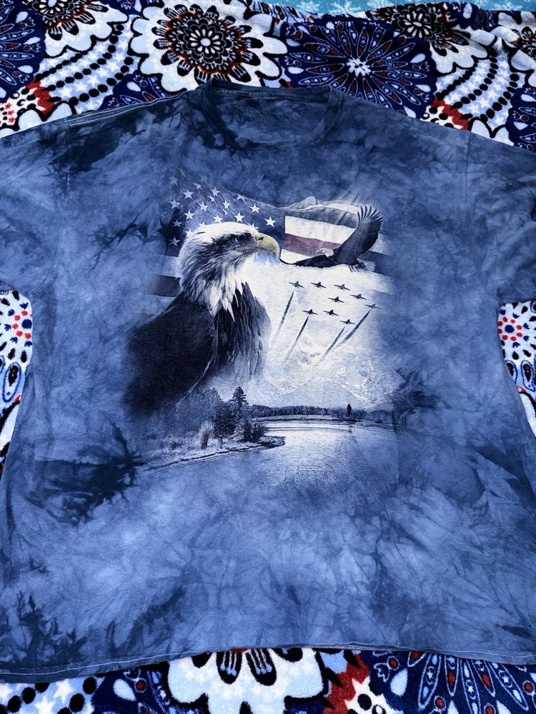 Vintage The Mountain Bald Eagle USA Mens Tshirt Size XL Blue Flag Fighter Jets