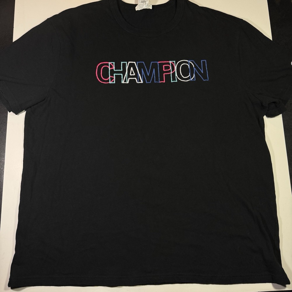 Adult XL Champion Brand Black Multi-Color Logo Embroidered Logo T-Shirt