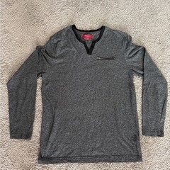 GUESS Mens Long Sleeve V Neck Heathered Gray T-Shirt with Zipper Pocket Size XL