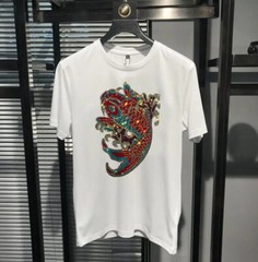New Fashion Diamond Fish Rhinestones Short Sleeve Luxury Men Black White T-Shirt