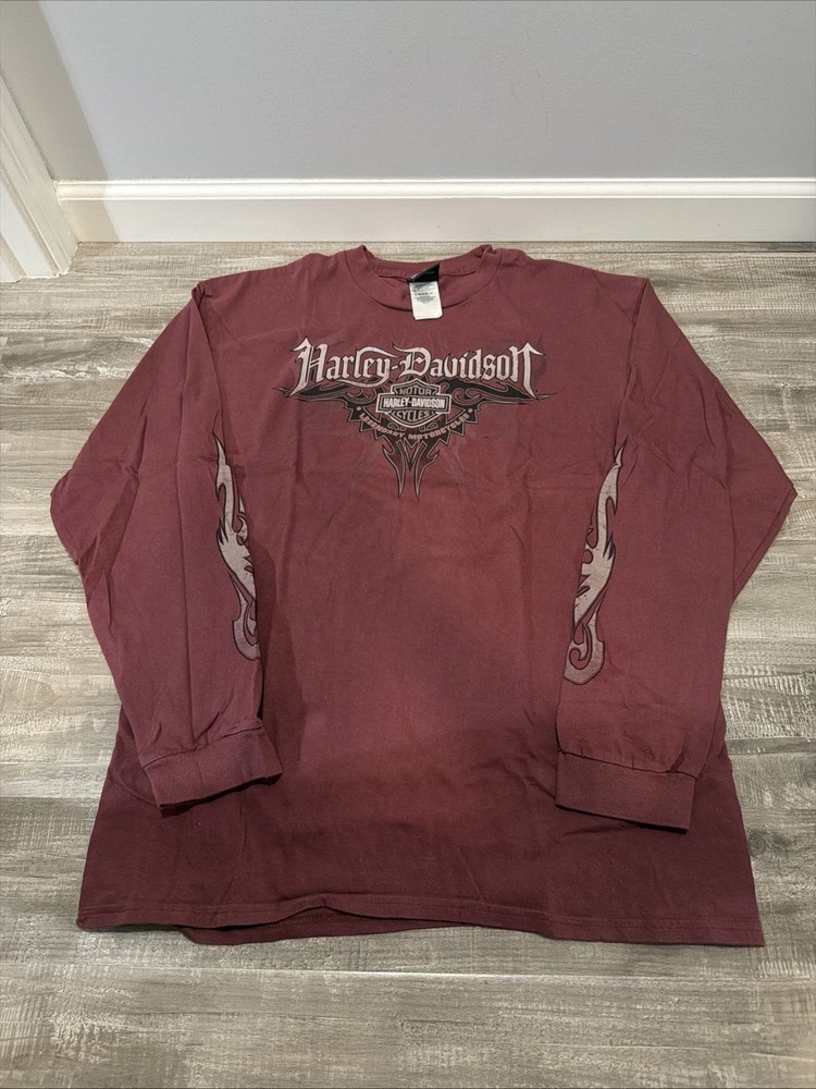 Vtg Y2K Harley Davidson Florida Long Sleeve Shirt XL Flame Sleeve Double Sided