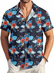 Men Casual Button Down Short Sleeve Textured Summer Beach Shirt with Pocket