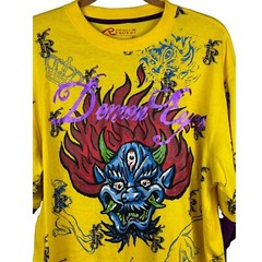 Request T-Shirt Mens Vibrant Yellow Crew Layered Demon Eyes XL Y2K Retro