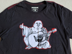 True Religion Black Tee Shirt Twill Sewn Buddha Guitar Logo Mens Medium