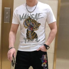 New Men Luxury Diamond Tiger Rhinestones Fashion Black White T-Shirt