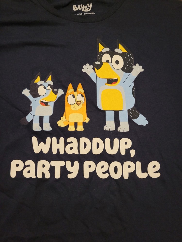 Bluey Whaddup Party People T Shirt Men’s 3XL 54/56 Bandit Bingo Dark Blue New