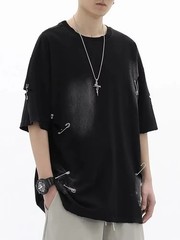 Men’s Oversized Vintage Ripped Hole T-Shirt Hip Hop Cotton Distressed Tee Shirt