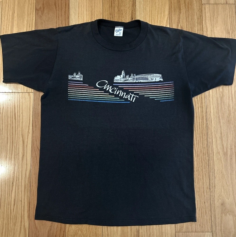 Vintage Cincinnati Riverfront Stadium Black Velva Sheen T-Shirt Size XL 80s 90s