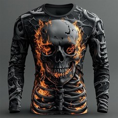 2025 Halloween Skeleton Print Long Sleeve T-shirt for Men Gothic Trendy Streetwe