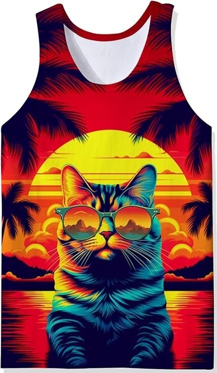 Cool Cat Sunglasses Tank Top Men 3D Sunset Beach Palm Tree Sleeveless Gym Shirt
