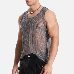 Men’s Glitter Sheer See Through Fishnet Tank Top Sexy Mesh Muscle Vest S 3XL