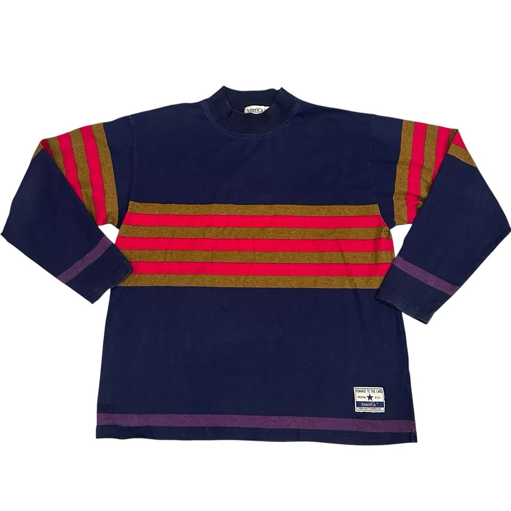 Vintage Americo Long Sleeve Mock Neck Shirt Me A Men’s L Navy Red Stripe 90s USA