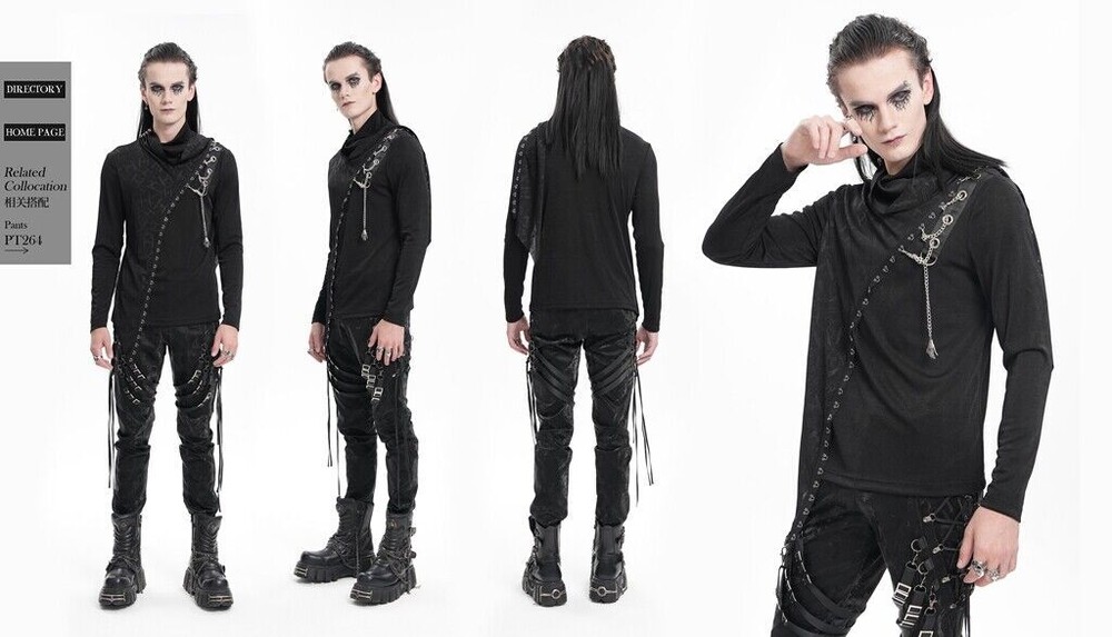 Devil Fashion Men Black Gothic Punk Chain Asymmetric Fitted Long Sleeve T-Shirt