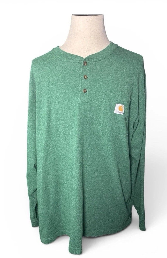 Carhartt Loose Fit Henley Shirt Men’s 2XL Green Long Sleeve Pocket Logo TK0128