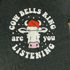 LAT Adult Size Small Charcoal Gray Cow Bells Ring Are You Listening Holiday Tee