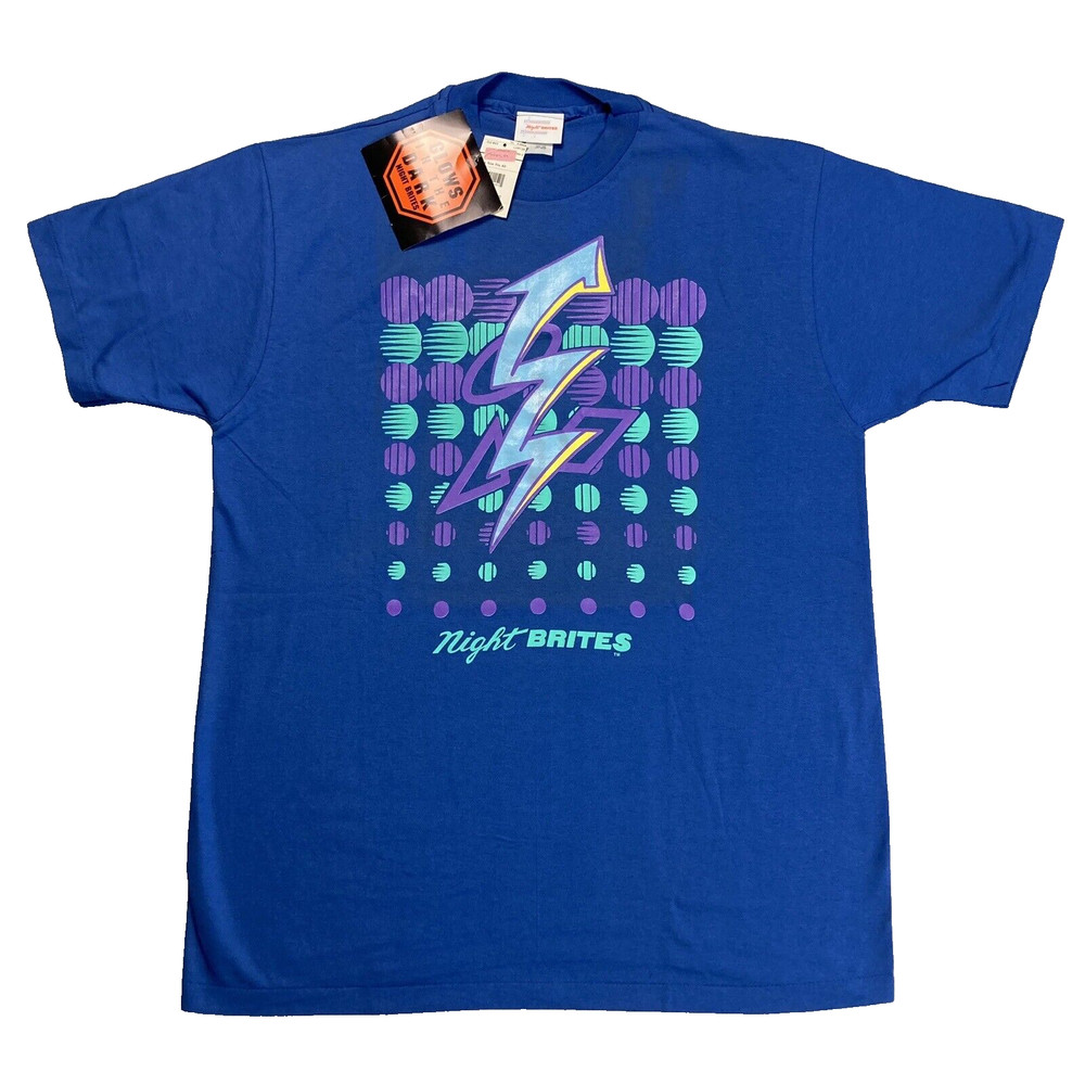 NWT! Vtg 1990s Glow-in-the-Dark Night Brites Lightning Bolt 80s T-Shirt Shirt XL