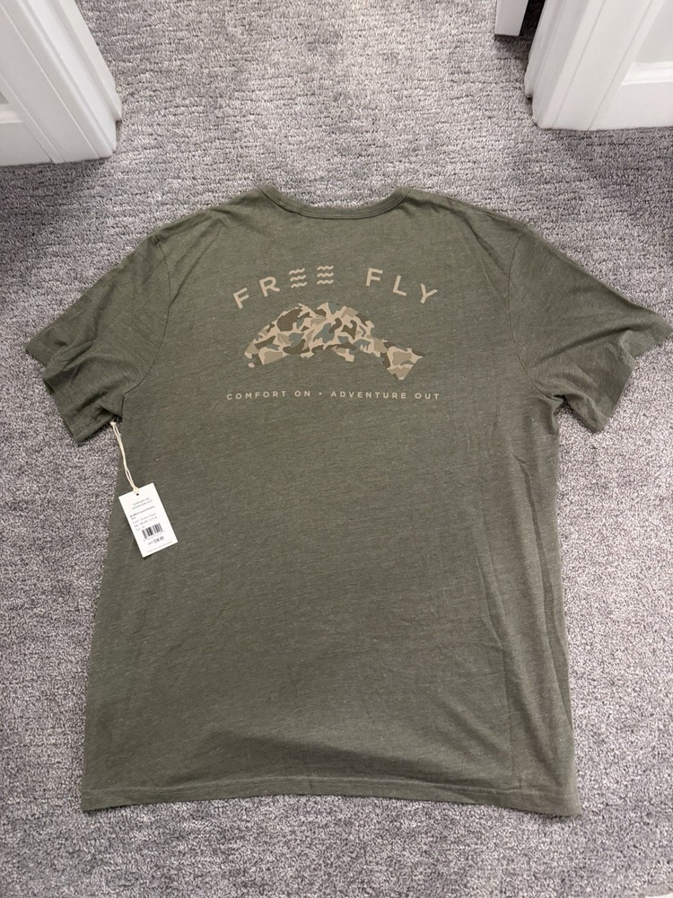Free Fly Shirt Men’s Size XL Olive Green Redfish Camo Pocket Tee Crew Neck NEW
