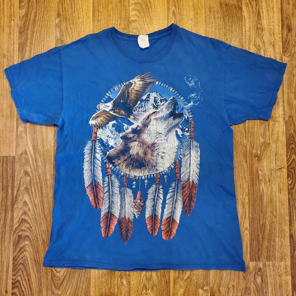 Vintage Eagle Wolf Shirt Large Arrowhead Native Feathers Dream Catcher Mountain