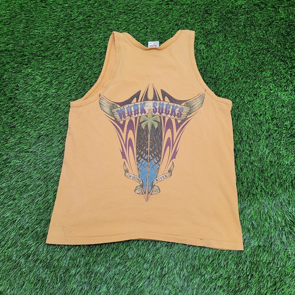 Vintage 90s Funny Work-Sucks Tank-Top Medium 19×25 Harrahs-Laughlin