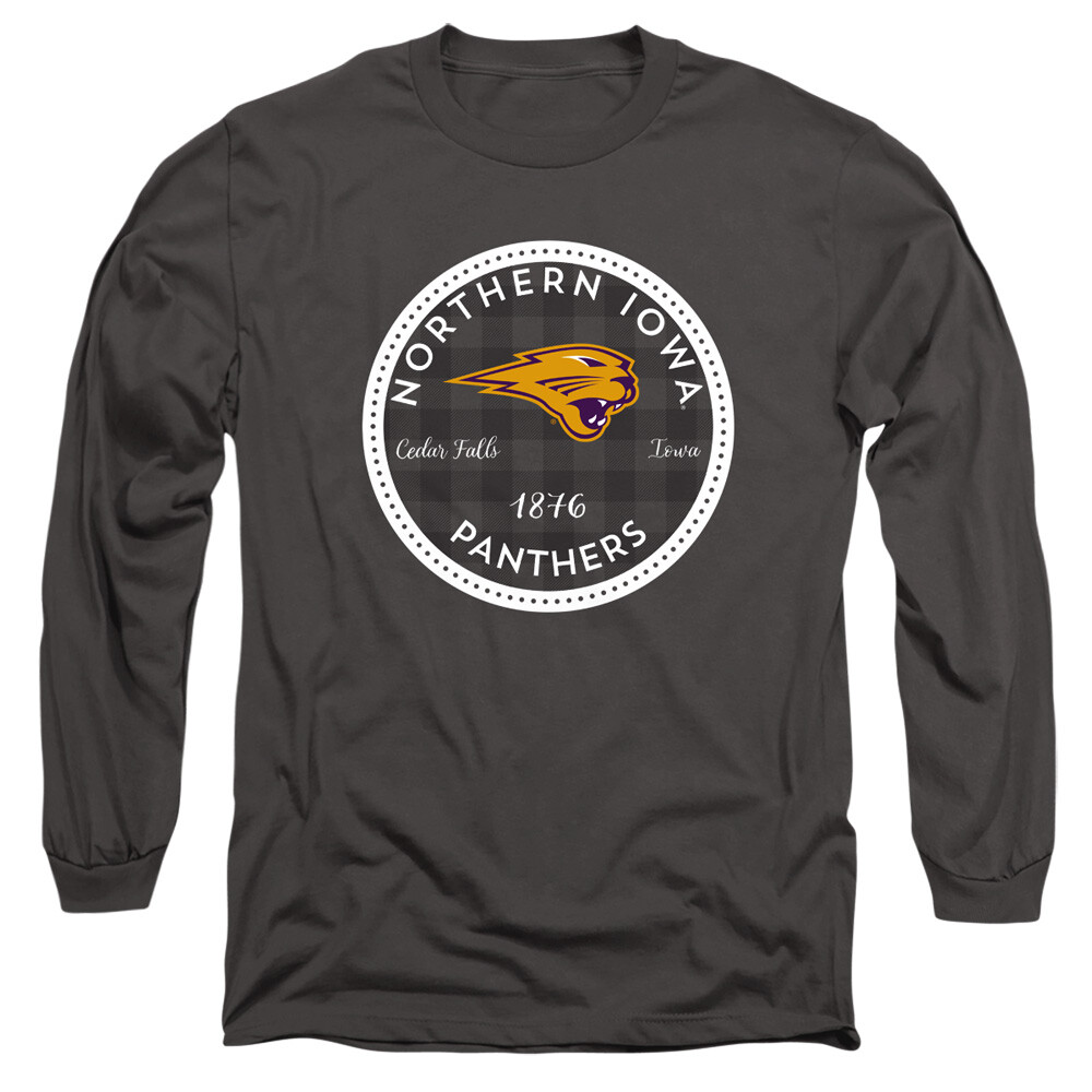Uni of Northern Iowa Adult Long Sleeve T-Shirt Plaid Badge, Charcoal, S-3XL
