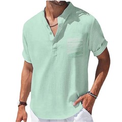 Summer New Men’s Cotton and Linen Shirts Short-Sleeved T-shirt Henry Collar Casu