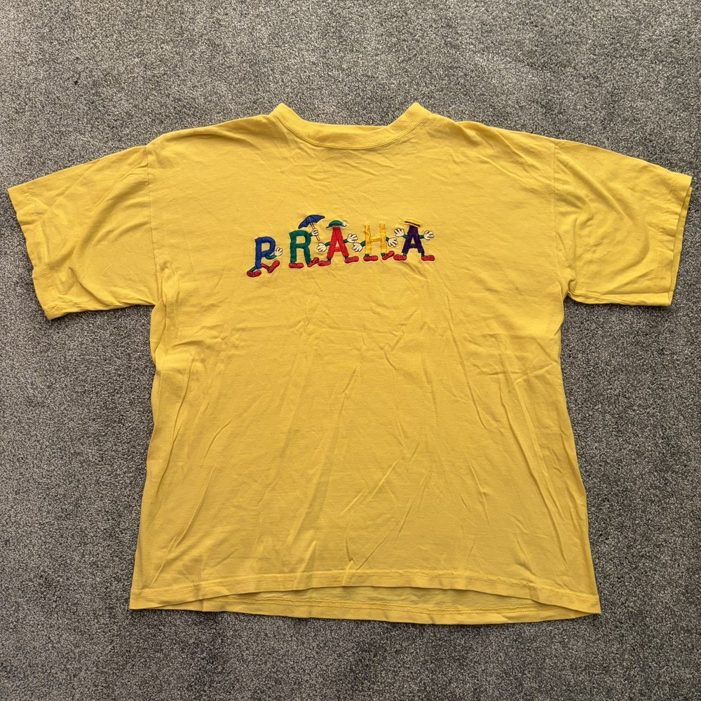 Yellow vintage 90s Prague Czech Republic embroidered graphic tee Size XL