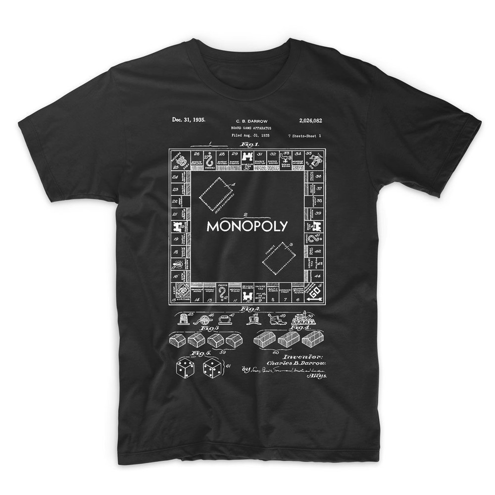 Monopoly Patent Art T-Shirt. Classic Board Game Shirt. Black, White or Gray NEW