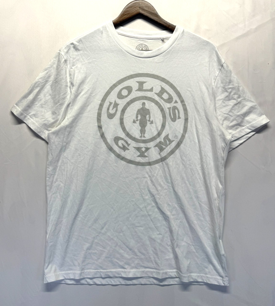 Gold’s Gym Muscle Joe Weight Plate T-Shirt Men Large White Graphic Circular Logo