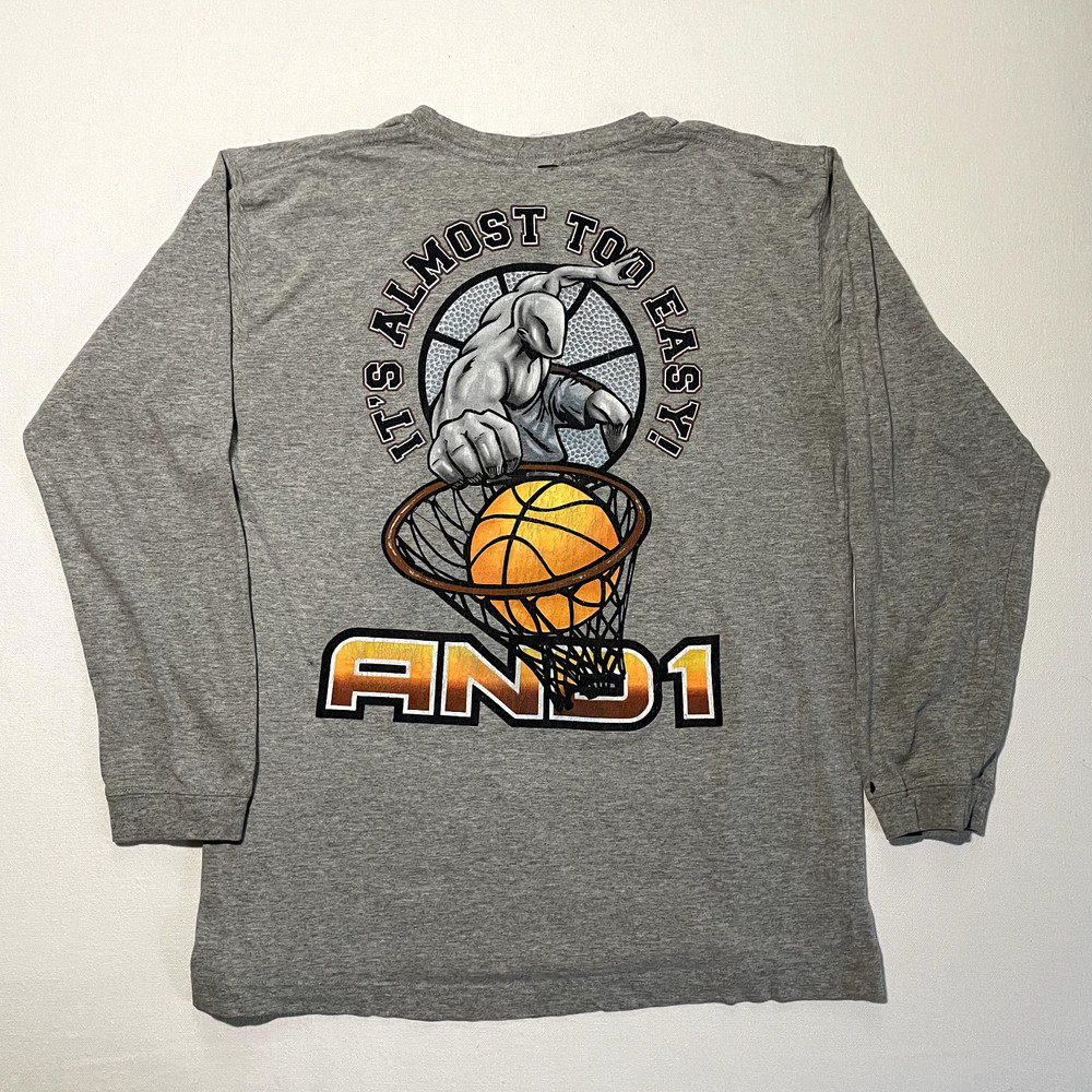 Vintage AND1 Shirt Mens Large Gray Basketball Long Sleeve 2 Sided Distressed 90s