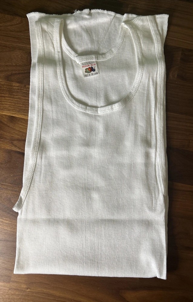 VTG Fruit Of The Loom Ribbed Tank Wife Beater Shirt M 38-40 USA Made Long Length