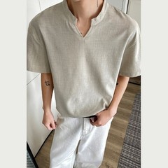 Loose Fit Men’s T-Shirt Imitation Linen V Neck Short Sleeve Summer Top