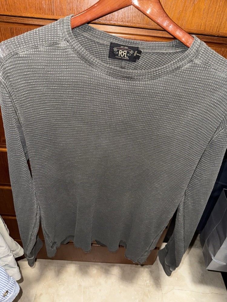Double RL RRL Ralph Lauren Waffle Knit Long Sleeve Shirt Tee Gray Heather Large