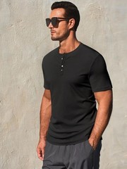 Men’s Henley Shirt Short Sleeve Casual Ribbed Knitted Summer T-Shirt SL