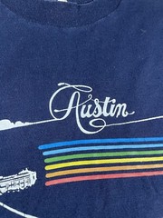 Vtg 70s Austin Velva Sheen Shirt M Fits Smaller Blue Rainbow Graphic Spell Out