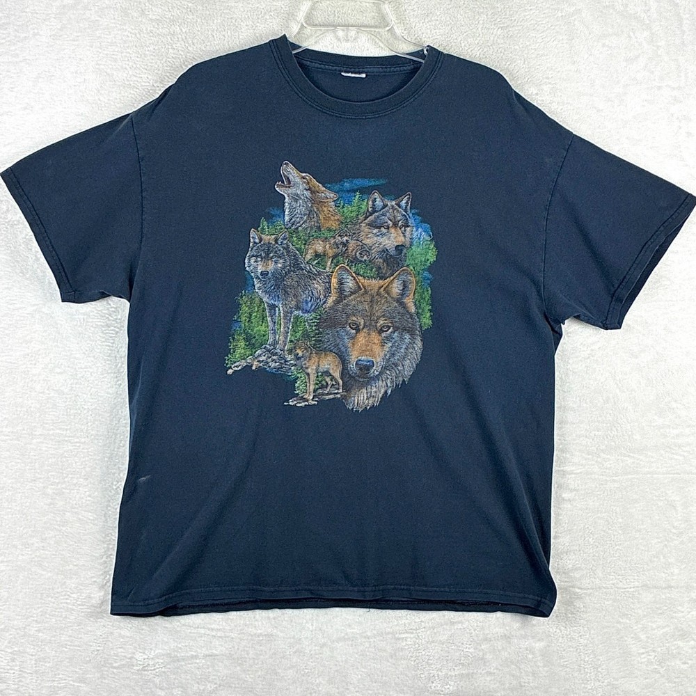 VTG Wolf Forest Tshirt Mens XL Navy Nature Mountains Outdoors Yellowstone 90s