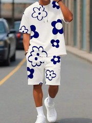 Mens 2 Piece Set T-Shirt & Shorts Graphic Flower Print Black White Summer Outfit
