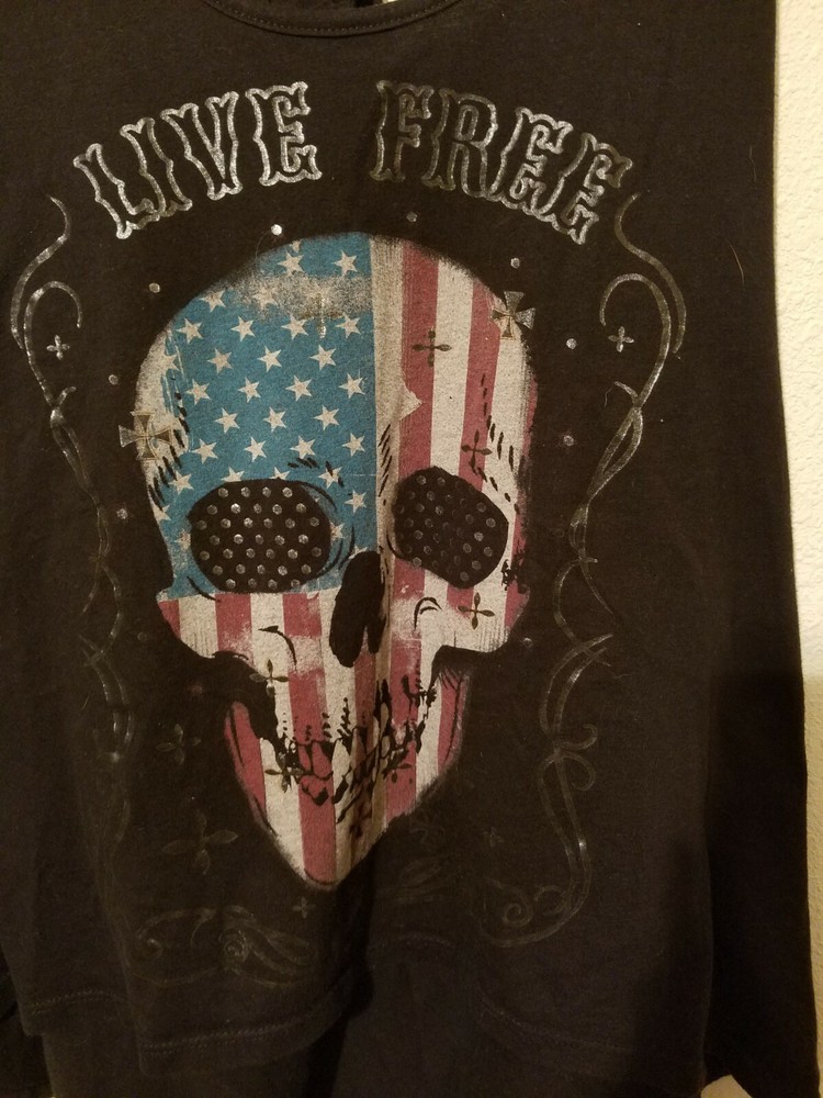 Skull US Flag Live Free T Tee Shirt Adult Sz XL/XG USA Red White Blue Blk #1046