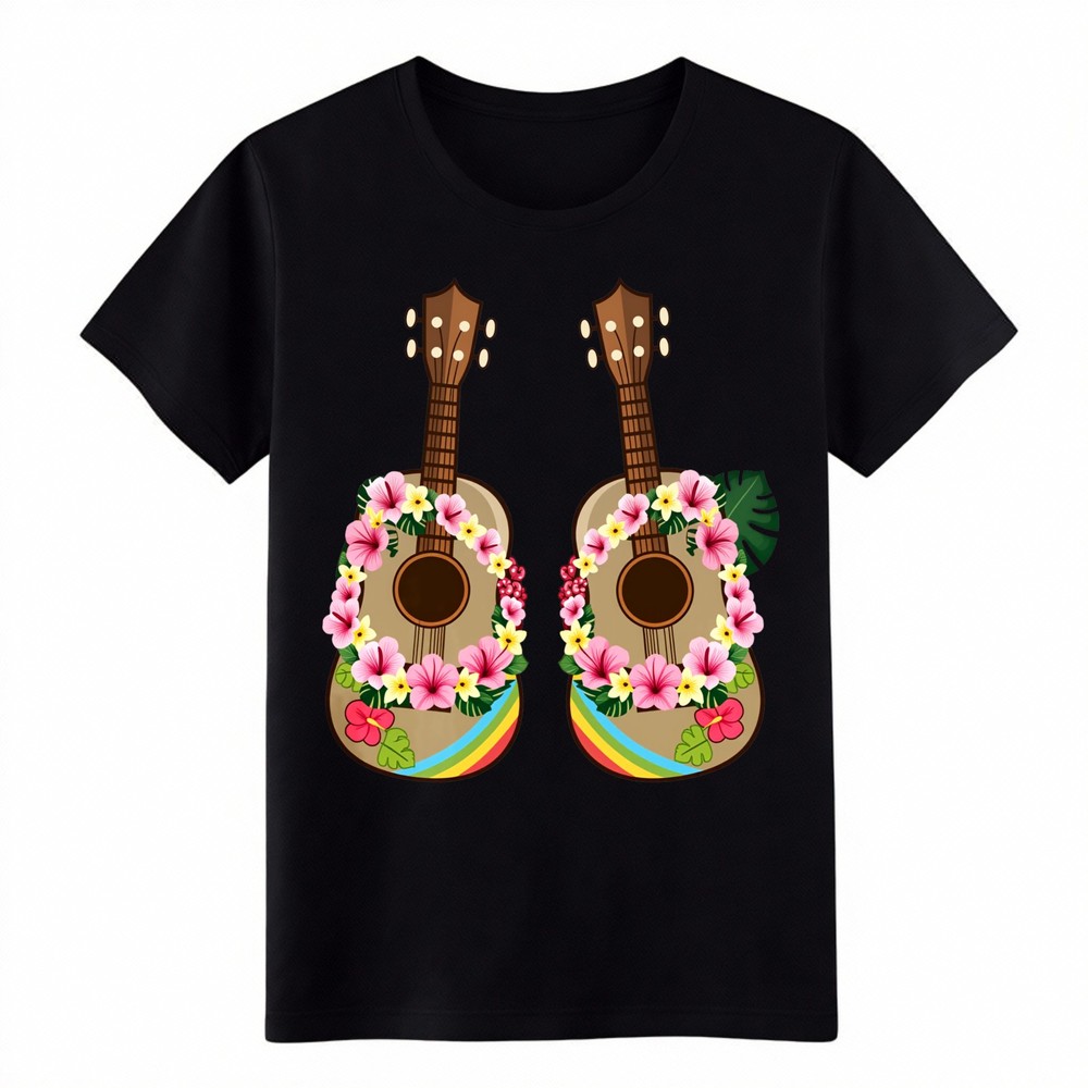 Hawaiian Luau Tropical Flower Double Ukulele Cotton Tee Beach Vacation T-Shirt