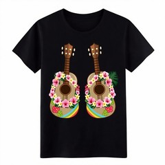 Hawaiian Luau Tropical Flower Double Ukulele Cotton Tee Beach Vacation T-Shirt
