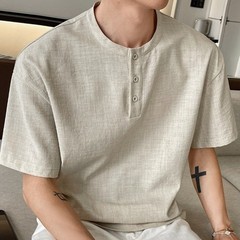 Men’s Casual Lightweight T Shirt Imitation Linen Texture Collar Design