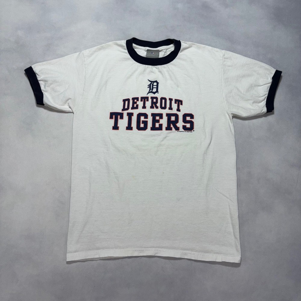 Detroit Tigers Ringer T-Shirt Mens Medium White Navy Blue MLB Baseball Y2K Retro