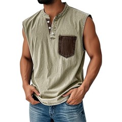 Men Sleeveless Beach Shirts Summer Hawaiian Shirts Casual Button Henley Tank Top