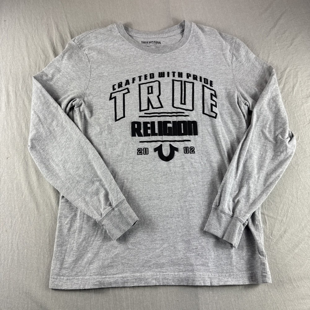 True Religion Shirt Mens S Gray Long Sleeve Crewneck Y2K Logo Casual Preppy Top