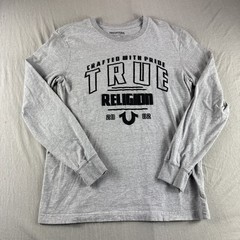 True Religion Shirt Mens S Gray Long Sleeve Crewneck Y2K Logo Casual Preppy Top