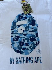 A Bathing Ape BAPE Men’s S White Blue Camo Ape Head Graphic Crew Neck Tee